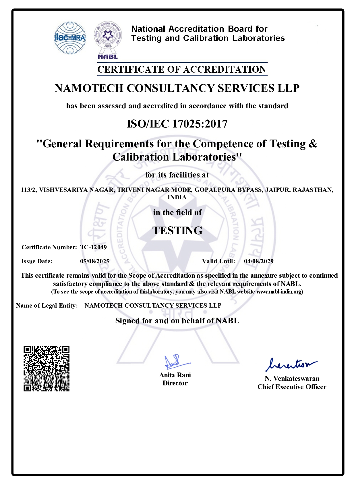 NABL ISO/IEC 17025 Certificate of Accreditation - Namotech Consultancy Services LLP